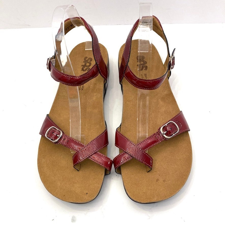 Sas Pampa Sandals Red Patent Leather Thong Ankle Strap Womans 11 M Made In Usa